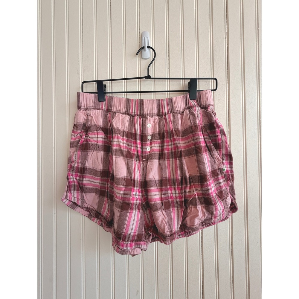 Aerie Pink Brown Plaid Pajama Shorts Elastic Waist Pockets Womens Small S